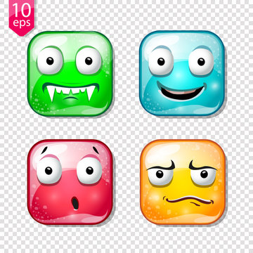 Cute jelly cartoon characters with different emotions and colors