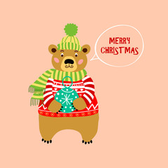 Bear in red knitted sweater. Merry Christmas greeting card.