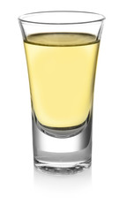 Shot of gold tequila isolated on white
