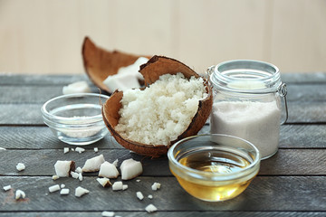 Natural scrub ingredients on wooden table