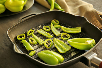 Fresh peppers on pan, closeup