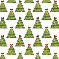 christmas pine tree with balls and red ribbon decoration background. vector illustration