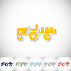 Tractor trailer transporting milk. Flat sticker with shadow on white background