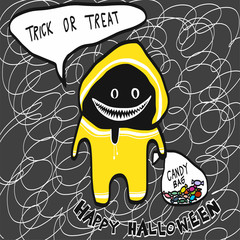 Monster in yellow rain coat with candy bag cartoon illustration