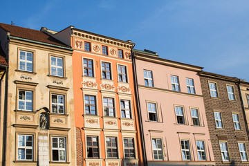 Facades of the buildings in the old centre of Krakow, Poland.