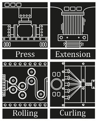a set of four images of technological processes: pressing, twist