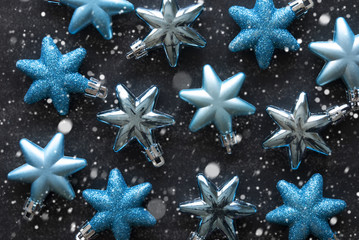 Blue Or Turquoise Christmas Tree Balls As Texture, Snowflakes