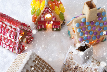 Colorful Gingerbread Houses, Snow, Snowflakes, Copy Space