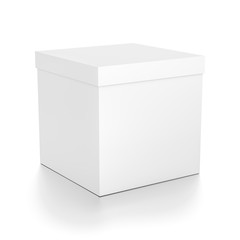White cube blank box with cover from front far side angle. 3D illustration isolated on white background.