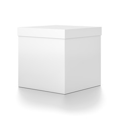 White cube blank box with cover from front far side angle. 3D illustration isolated on white background.