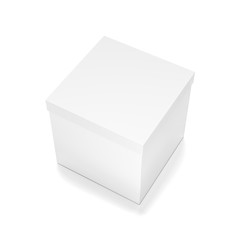 White cube blank box with cover from front far side angle. 3D illustration isolated on white background.