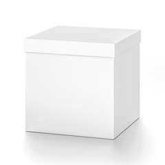 White cube blank box with cover from front far side angle. 3D illustration isolated on white background.