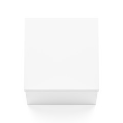 White cube blank box with cover from front far side angle. 3D illustration isolated on white background.