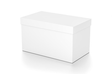 White cube blank box with cover from front far side angle. 3D illustration isolated on white background.