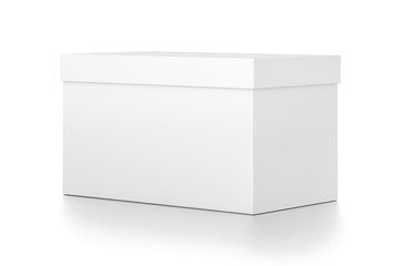 White cube blank box with cover from front far side angle. 3D illustration isolated on white background.