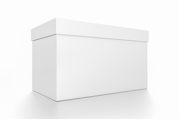White horizontal rectangle blank box with cover from side closeup angle.