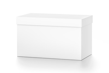 White horizontal rectangle blank box with cover from top front far side angle.