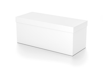 White wide horizontal rectangle blank box with cover from top side angle.