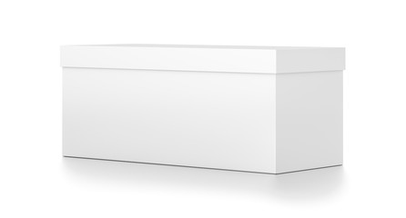 White wide horizontal rectangle blank box with cover from side angle.