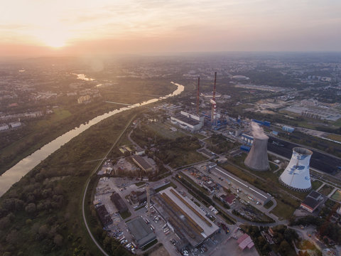 Aerial view of power station near the Krakow at sunset time