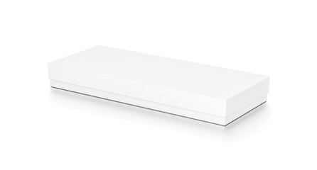 White wide thin horizontal rectangle blank box with cover from top side angle.