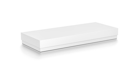 White wide thin horizontal rectangle blank box with cover from top side angle.