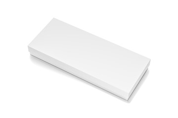 White wide thin horizontal rectangle blank box with cover from top side closeup angle.