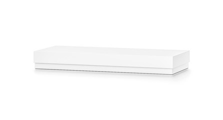 White wide thin horizontal rectangle blank box with cover from top front far side angle.