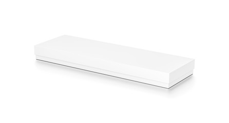 White long wide thin horizontal rectangle blank box with cover from top side angle.