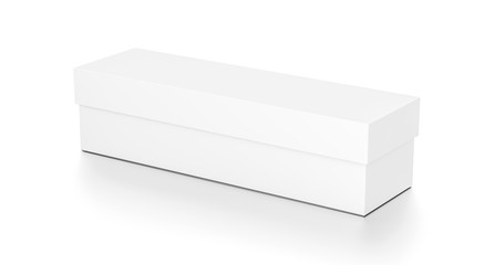 White wide horizontal rectangle blank box with cover from top side angle.