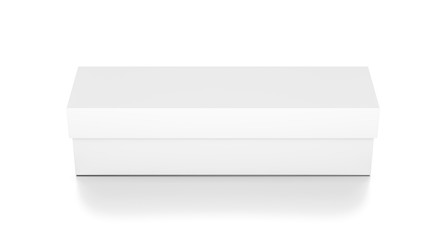 Fototapeta premium White wide horizontal rectangle blank box with cover from top front closeup angle.