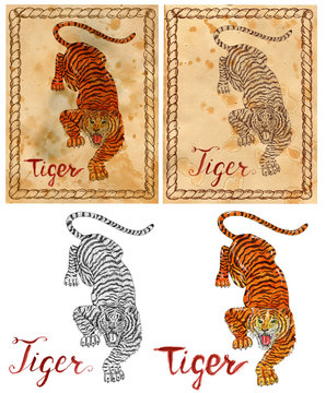Vintage card with illustration of graphic zodiac animal symbol - tiger