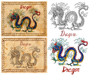 Vintage card with illustration of graphic zodiac animal symbol - dragon