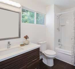 Modern bathroom interior with glass door shower and white cabine