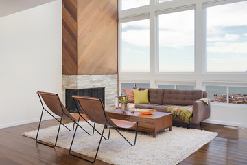 Beautiful and large living room interior with hardwood floors in