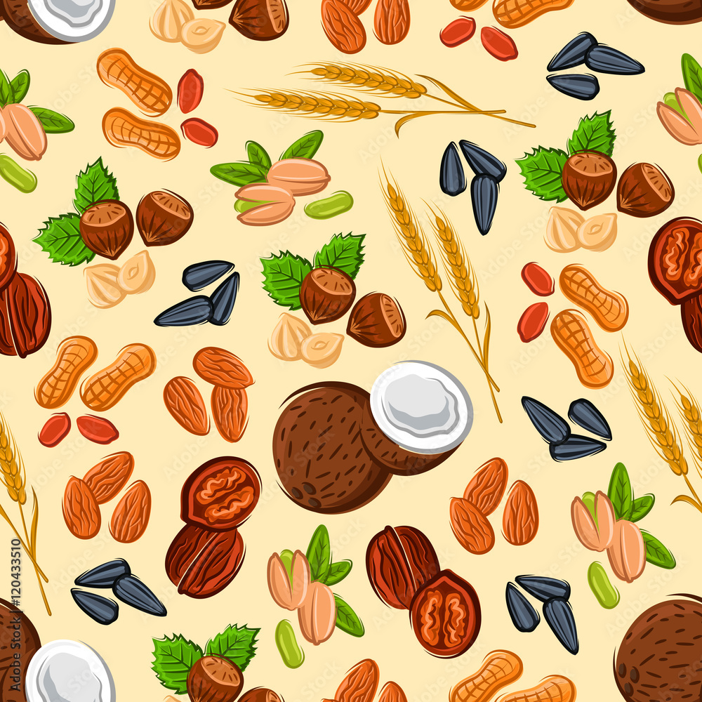 Wall mural Nuts, wheat and seeds seamless pattern