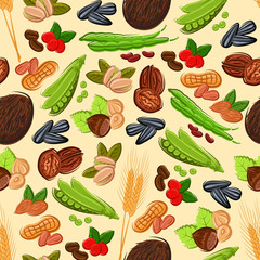 Nut, bean, seed and cereal seamless pattern