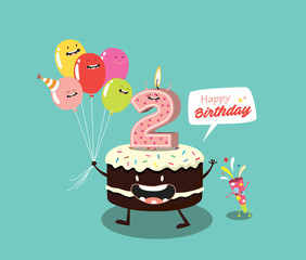 Happy birthday card. Funny cake, number candle and balloon. Vector illustration