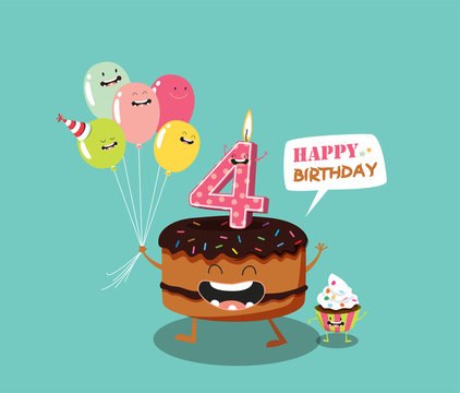Happy birthday card. Funny cake, number candle and balloon. Vector illustration