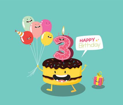 Happy birthday card. Funny cake, number candle and balloon. Vector illustration