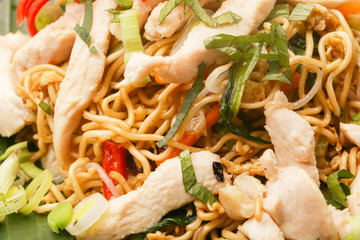 Close up view of fried noodles with vegetables
