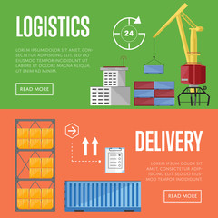 Sea port design concept set with container cargo and shipment flat design vector illustration. Cargo ship. Logistics and transportation infographic elements.