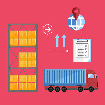 Warehouse management concept with container truck vector illustration