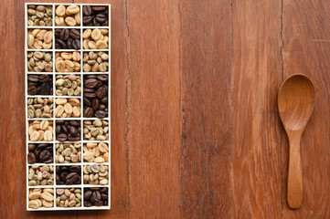 different coffee forms in wooden box and wooden spoon on wooden background
