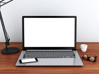 Fototapeta premium 3d desktop with laptop. Mock up