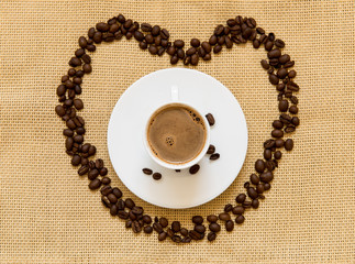 Fresh black coffee and beans