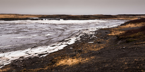 Frozen lake with ice in iceland