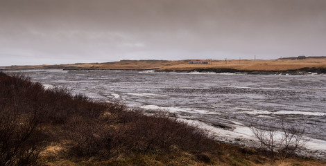 Frozen lake with ice in iceland