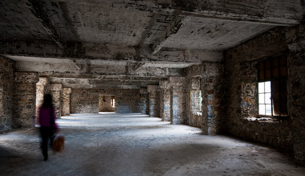 Empty abandoned creepy room whth ghost walking