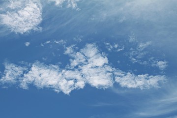 Blue sky background with white clouds closeup, sky daylight, natural sky composition
